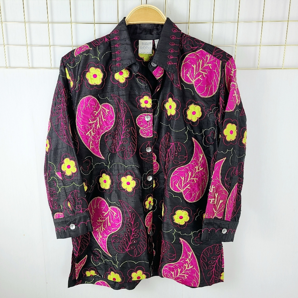 Blue Bayou Black Floral Embroidered Beaded Silk Art To Wear Boho Jacket